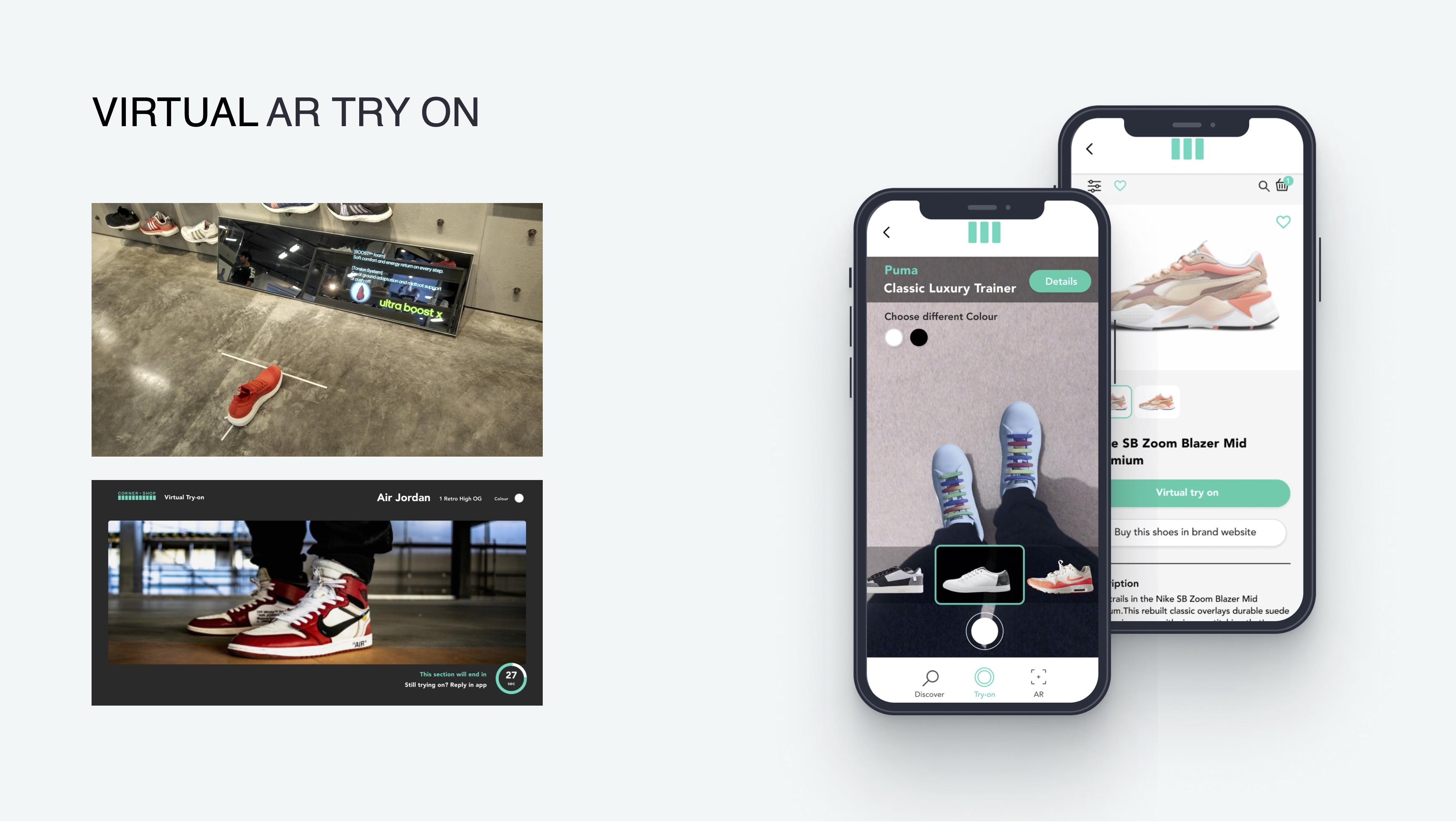 Cornershop virtual AR try-on — Nike trainers visualised on a user's feet through the phone camera, with a product detail view for the Nike SB Zoom Blazer Mid alongside