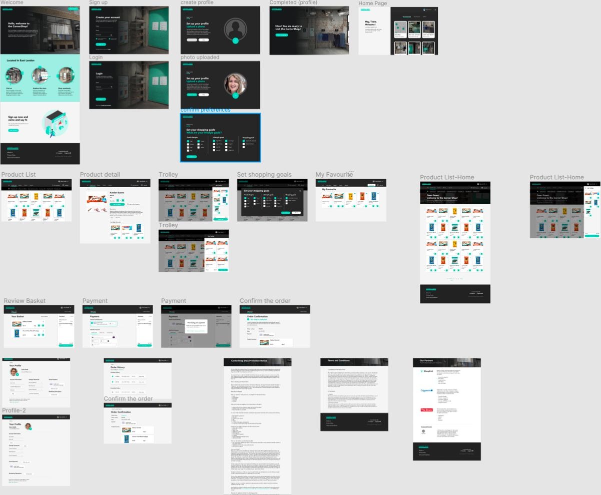 Cornershop website — onboarding, product list, checkout, and profile pages