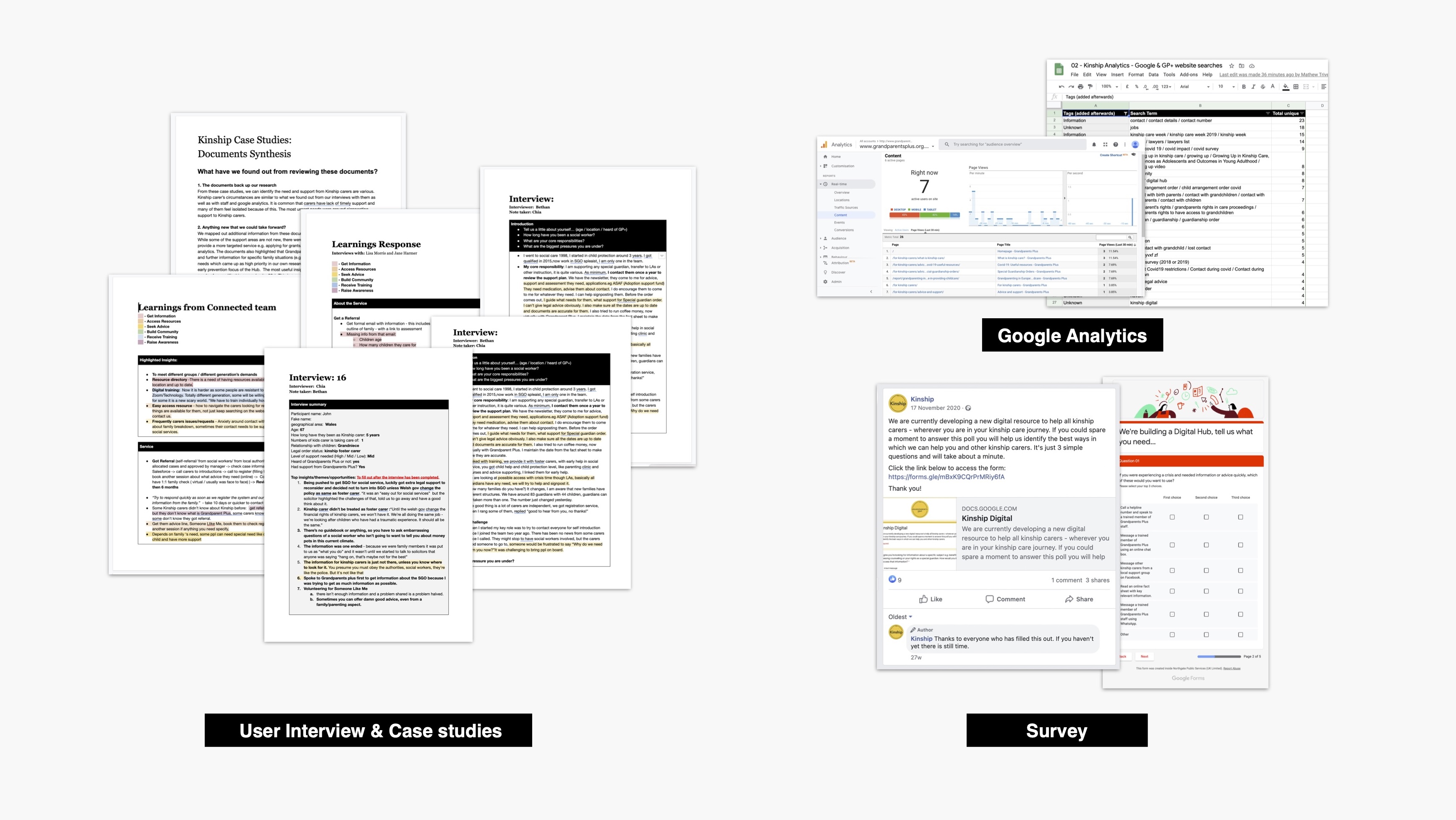 Kinship discovery research — interviews, case studies, analytics, and survey