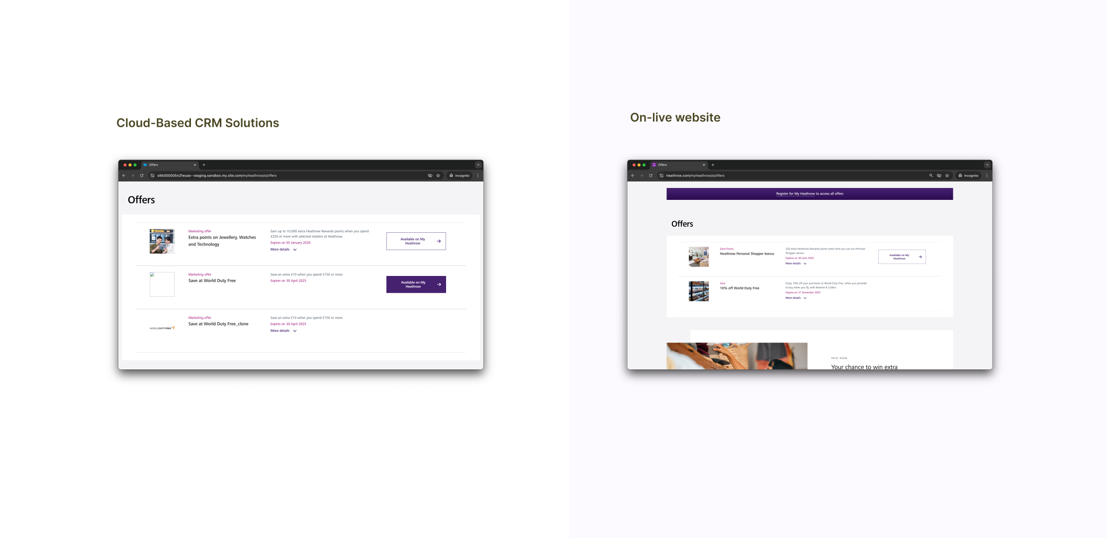 Side-by-side comparison: cloud-based CRM solutions staging environment versus the on-live Heathrow website