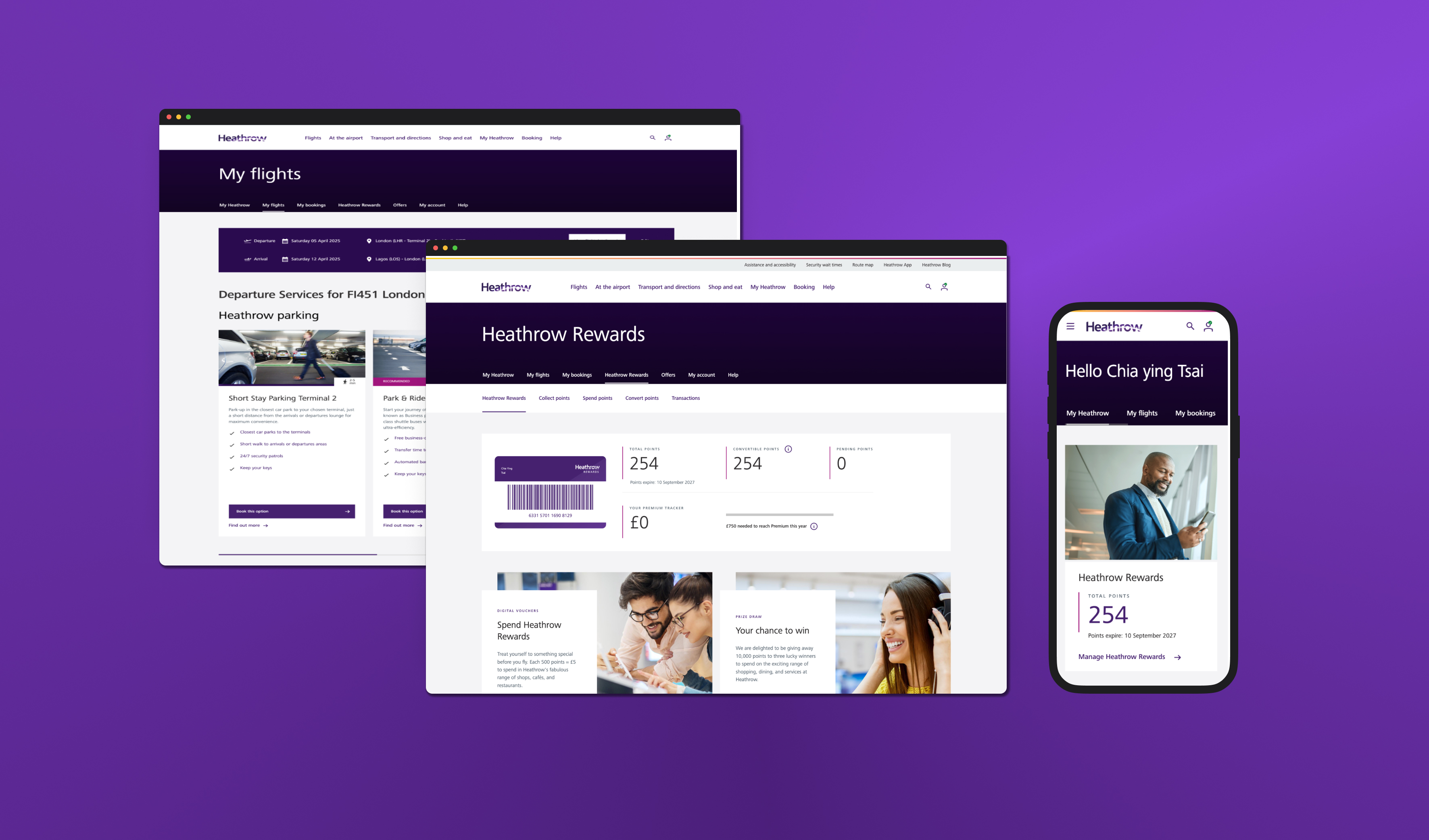 My Heathrow unified portal showing flight information, rewards, and airport services dashboard