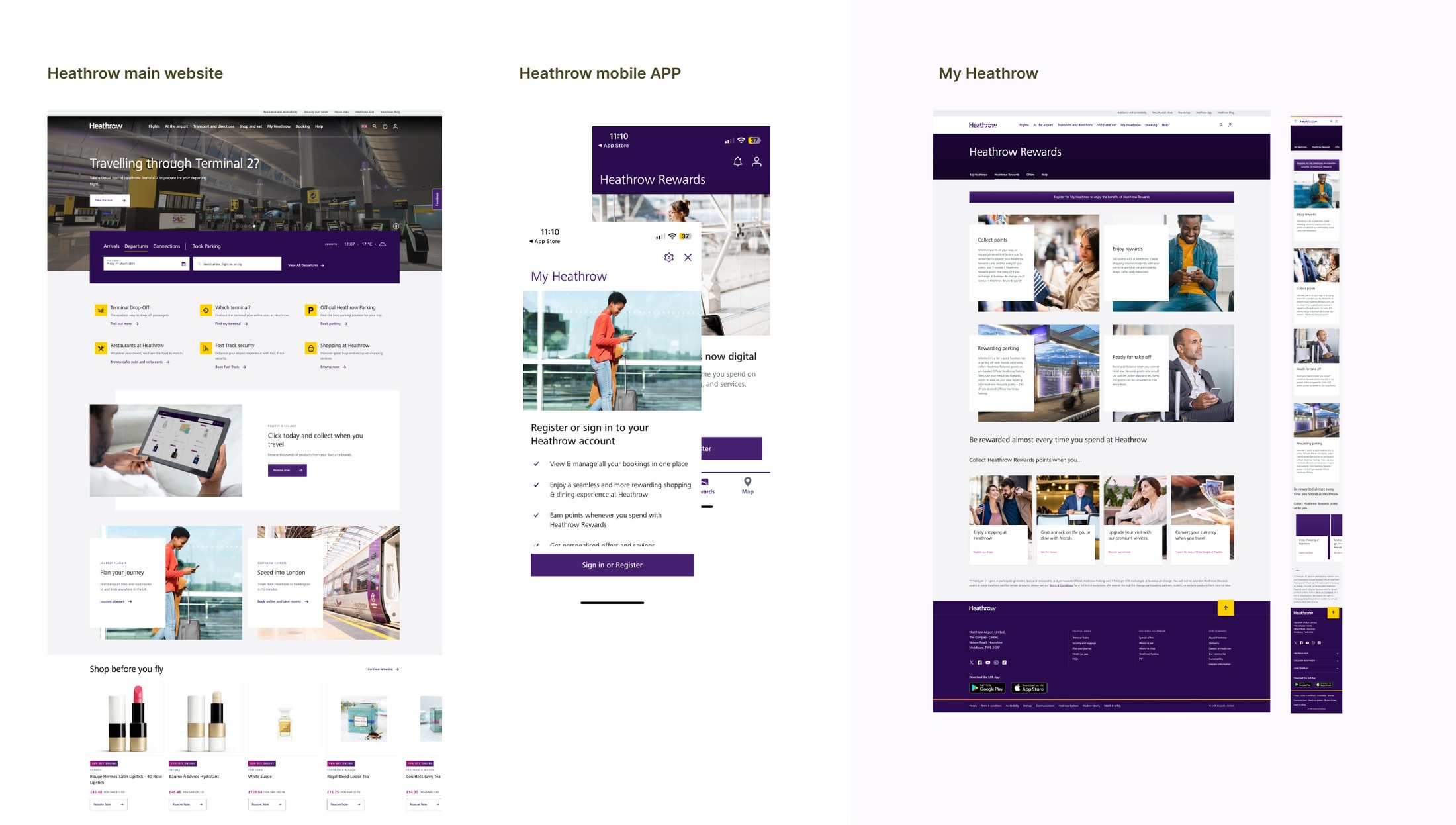 Heathrow 主網站、行動 App 與 My Heathrow 入口並排呈現，展示供應商之間共享的視覺語言
