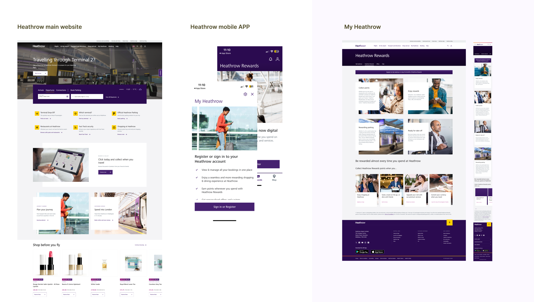 Heathrow main website, mobile app, and My Heathrow portal shown side by side to illustrate shared visual language across suppliers